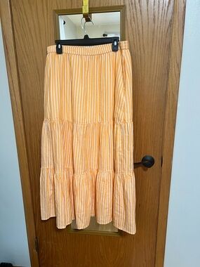 Pact 100% Organic Cotton Striped Peach Maxi Skirt with Tiered Ruffles